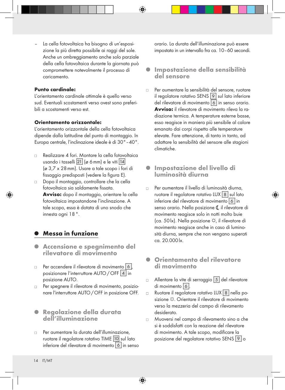 Regolazione della durata dell’illuminazione, Impostazione della sensibilità del sensore, Impostazione del livello di luminosità diurna | Orientamento del rilevatore di movimento | Livarno Z31171 User Manual | Page 14 / 40