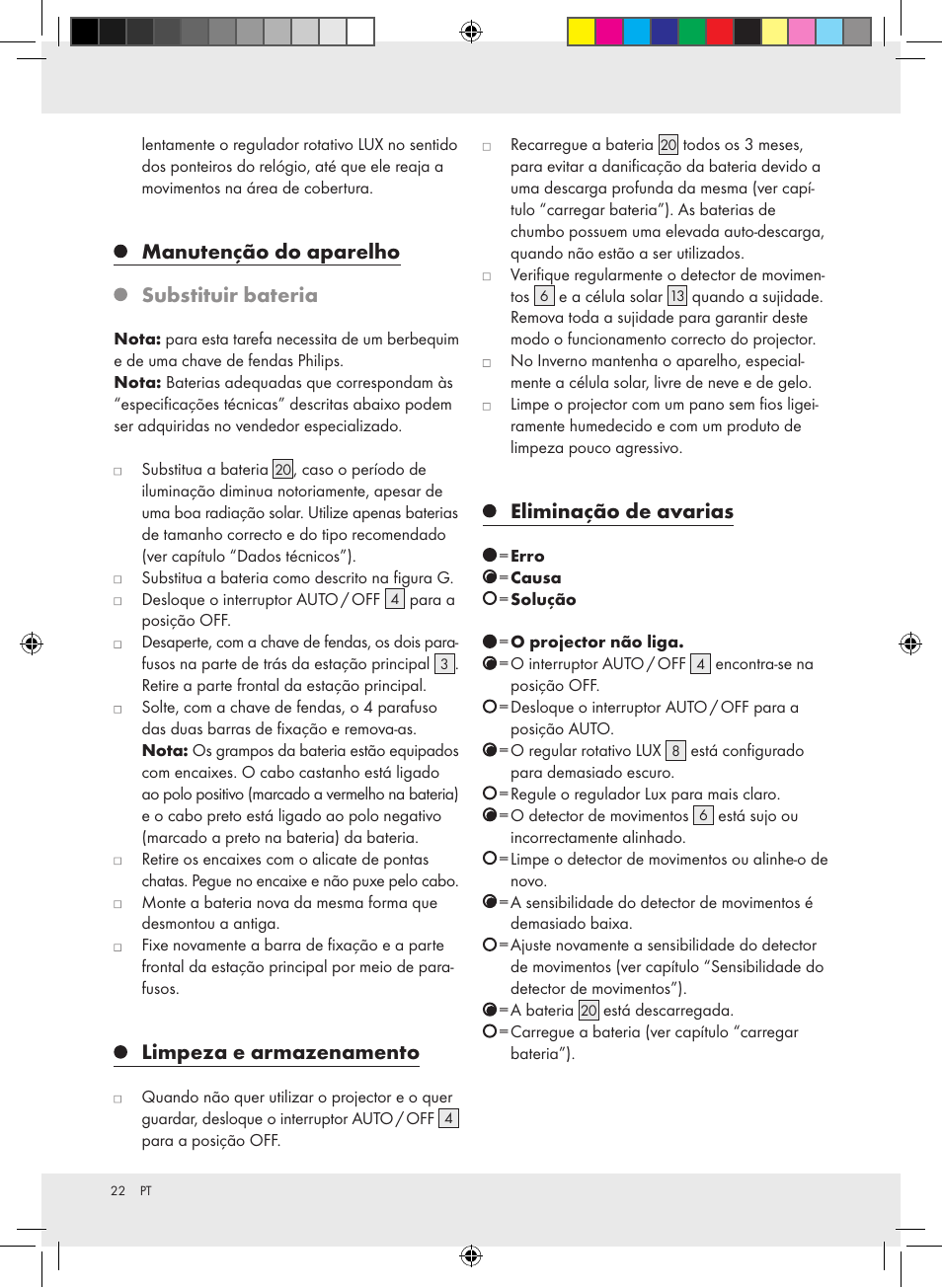 Manutenção do aparelho substituir bateria, Limpeza e armazenamento, Eliminação de avarias | Livarno Z31171 User Manual | Page 22 / 40