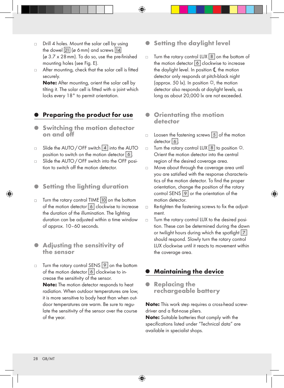 Setting the lighting duration, Adjusting the sensitivity of the sensor, Setting the daylight level | Orientating the motion detector | Livarno Z31171 User Manual | Page 28 / 40