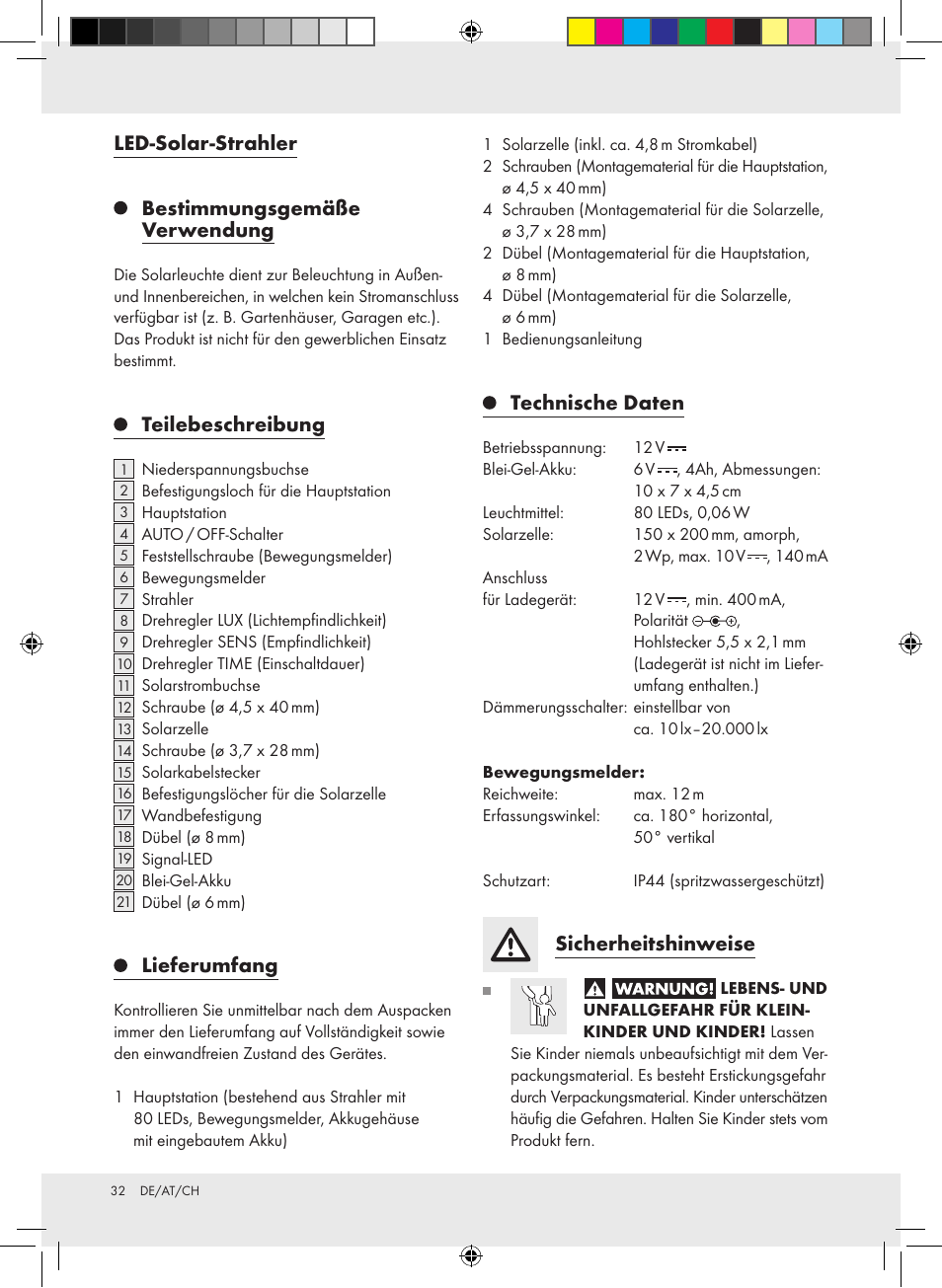 Led-solar-strahler bestimmungsgemäße verwendung, Teilebeschreibung, Lieferumfang | Technische daten, Sicherheitshinweise | Livarno Z31171 User Manual | Page 32 / 40
