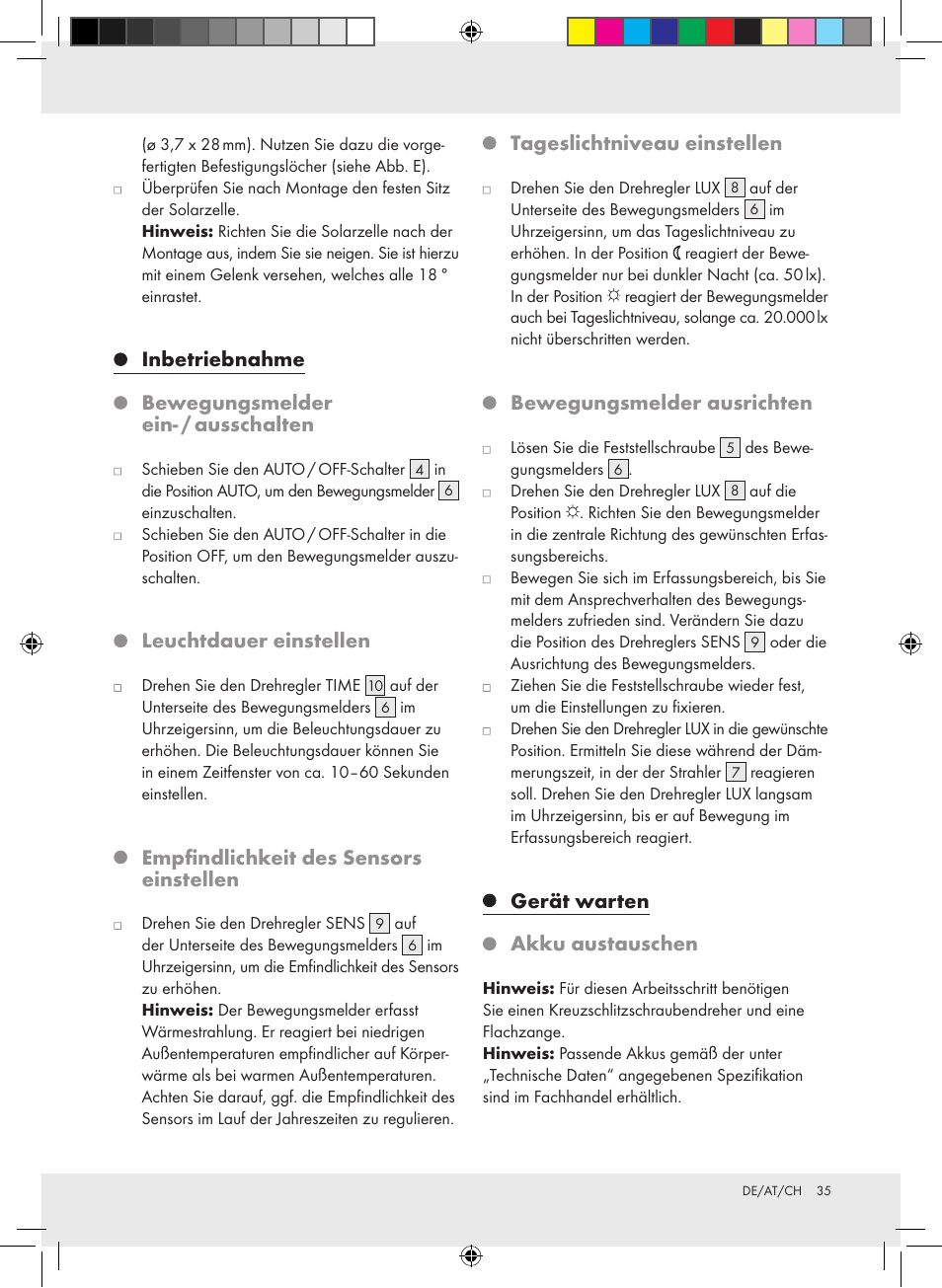 Inbetriebnahme bewegungsmelder ein- / ausschalten, Leuchtdauer einstellen, Empfindlichkeit des sensors einstellen | Tageslichtniveau einstellen, Bewegungsmelder ausrichten, Gerät warten akku austauschen | Livarno Z31171 User Manual | Page 35 / 40