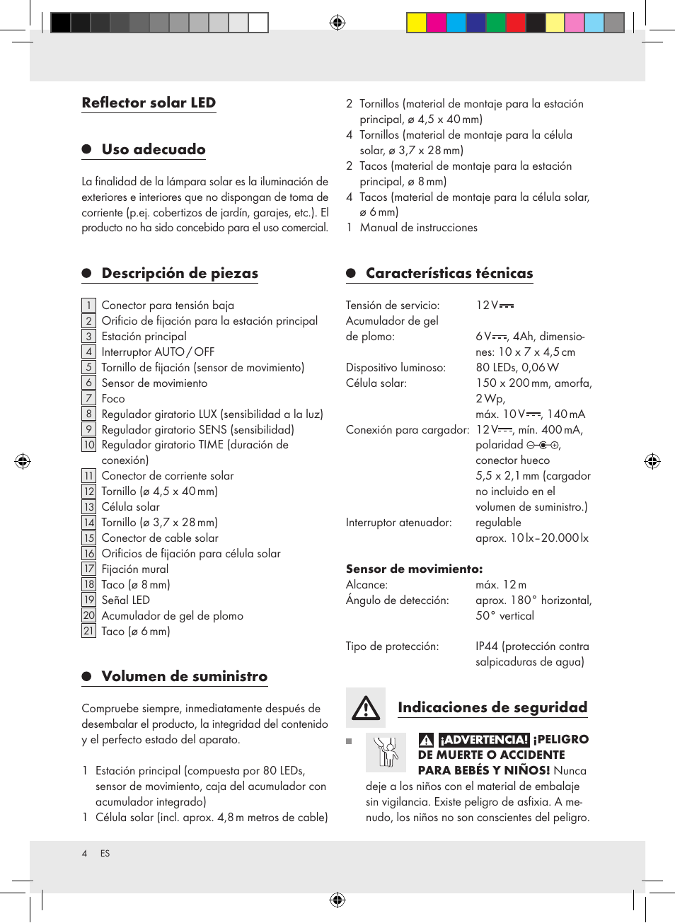 Reflector solar led uso adecuado, Descripción de piezas, Volumen de suministro | Características técnicas, Indicaciones de seguridad | Livarno Z31171 User Manual | Page 4 / 40