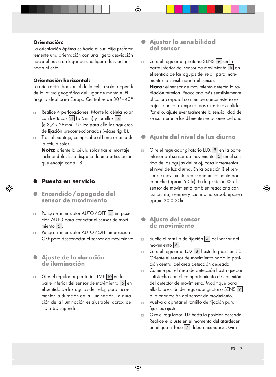 Ajuste de la duración de iluminación, Ajustar la sensibilidad del sensor, Ajuste del nivel de luz diurna | Ajuste del sensor de movimiento | Livarno Z31171 User Manual | Page 7 / 40