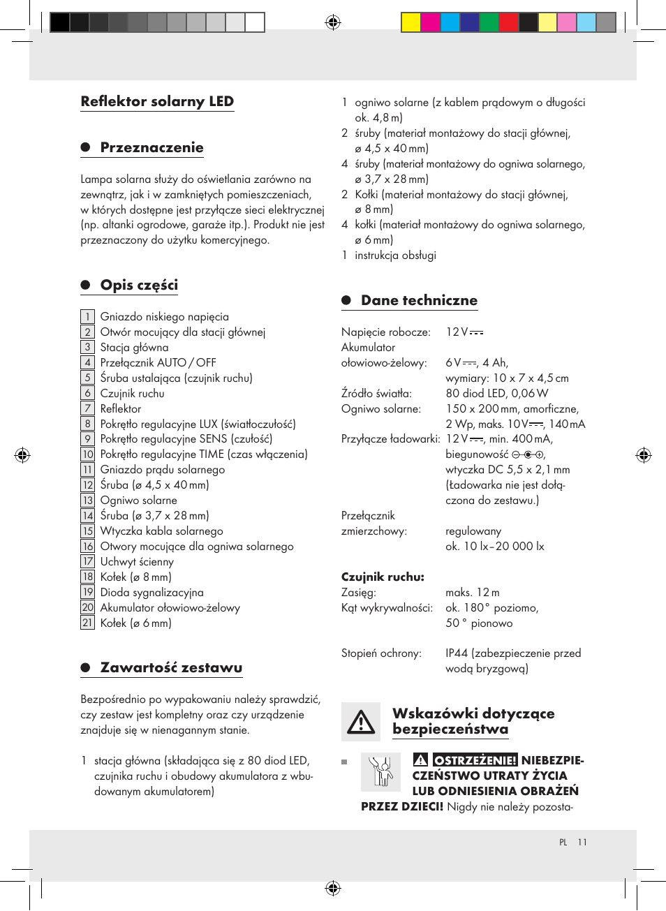 Reflektor solarny led przeznaczenie, Opis części, Zawartość zestawu | Dane techniczne, Wskazówki dotyczące bezpieczeństwa | Livarno Z31171 User Manual | Page 11 / 54