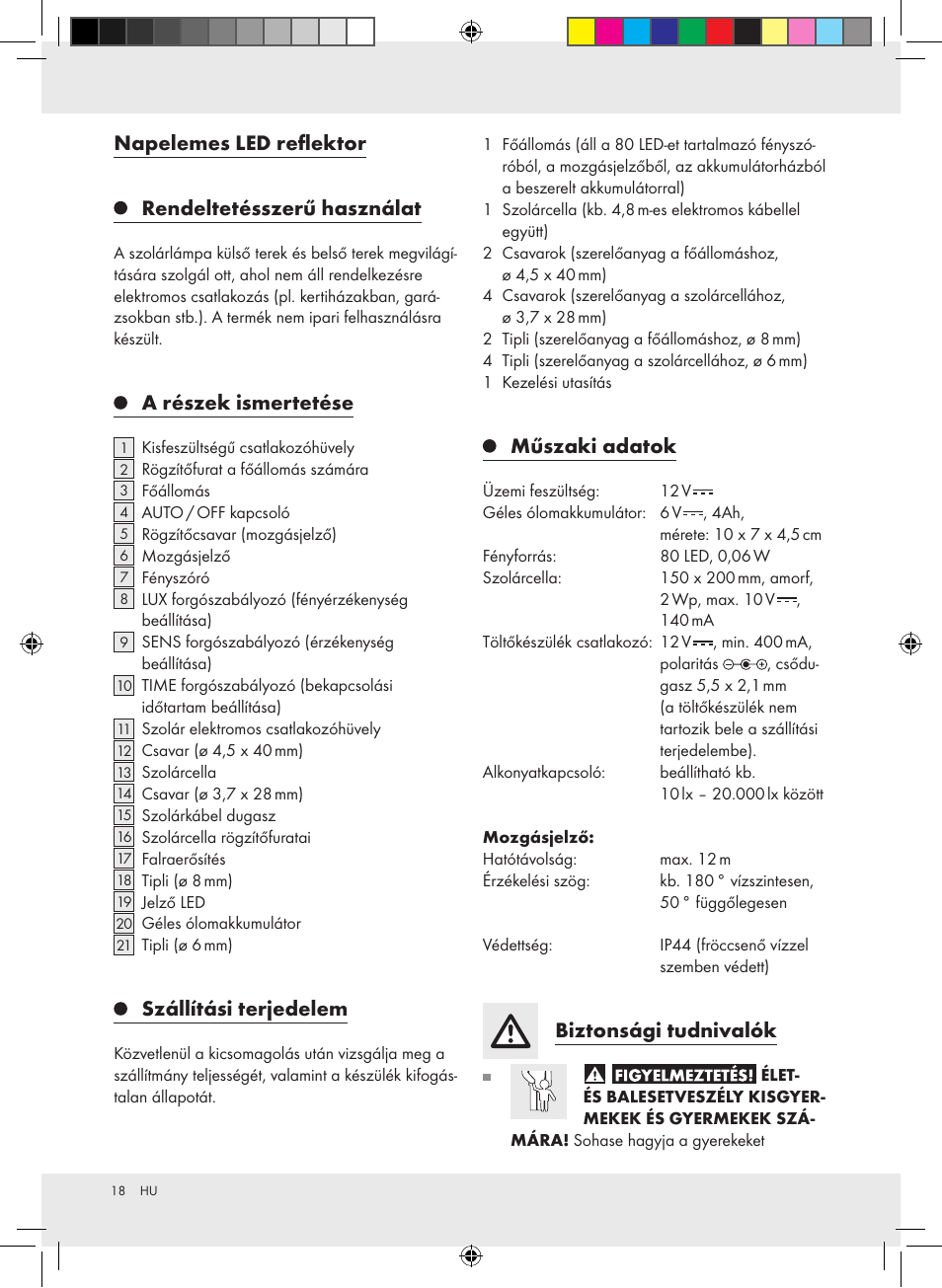 Napelemes led reflektor rendeltetésszerű használat, A részek ismertetése, Szállítási terjedelem | Műszaki adatok, Biztonsági tudnivalók | Livarno Z31171 User Manual | Page 18 / 54