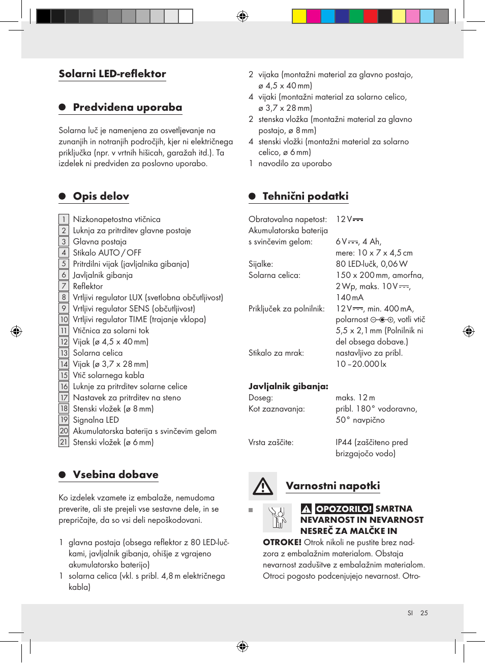 Solarni led-reflektor predvidena uporaba, Opis delov, Vsebina dobave | Tehnični podatki, Varnostni napotki | Livarno Z31171 User Manual | Page 25 / 54