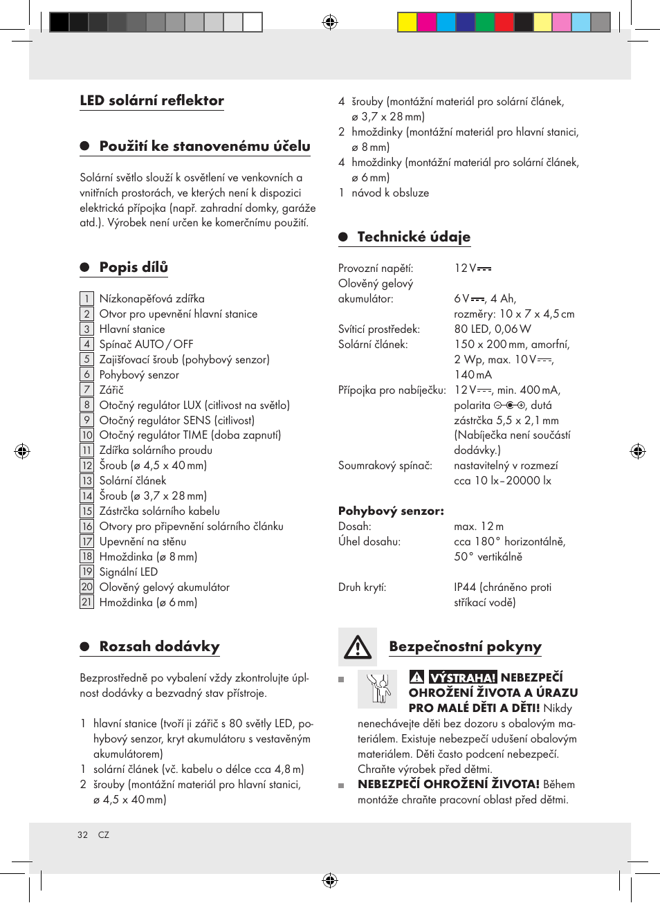 Led solární reflektor použití ke stanovenému účelu, Popis dílů, Rozsah dodávky | Technické údaje, Bezpečnostní pokyny | Livarno Z31171 User Manual | Page 32 / 54