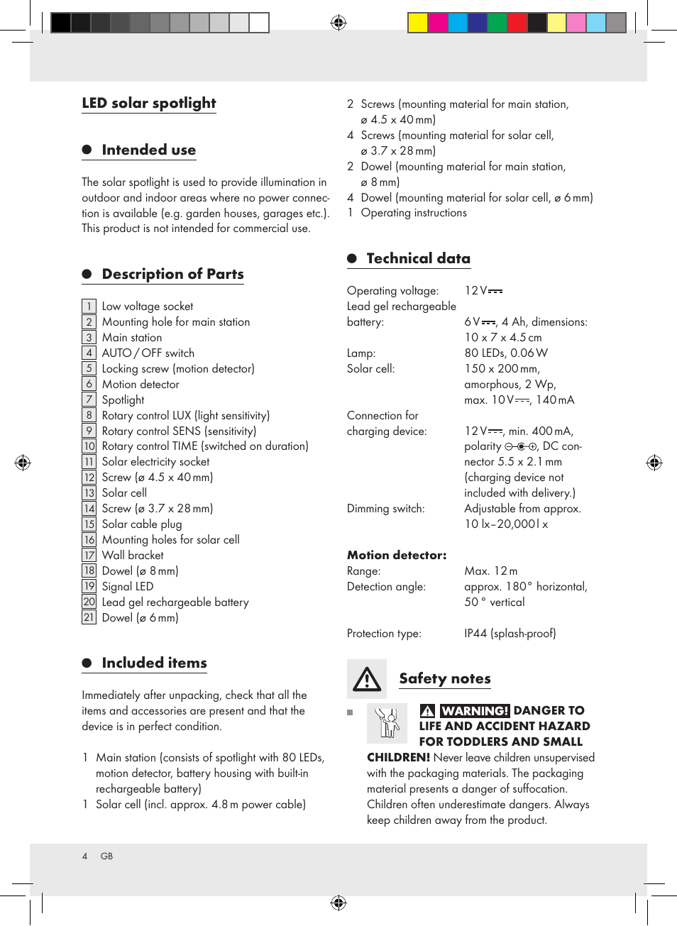 Led solar spotlight intended use, Description of parts, Included items | Technical data | Livarno Z31171 User Manual | Page 4 / 54