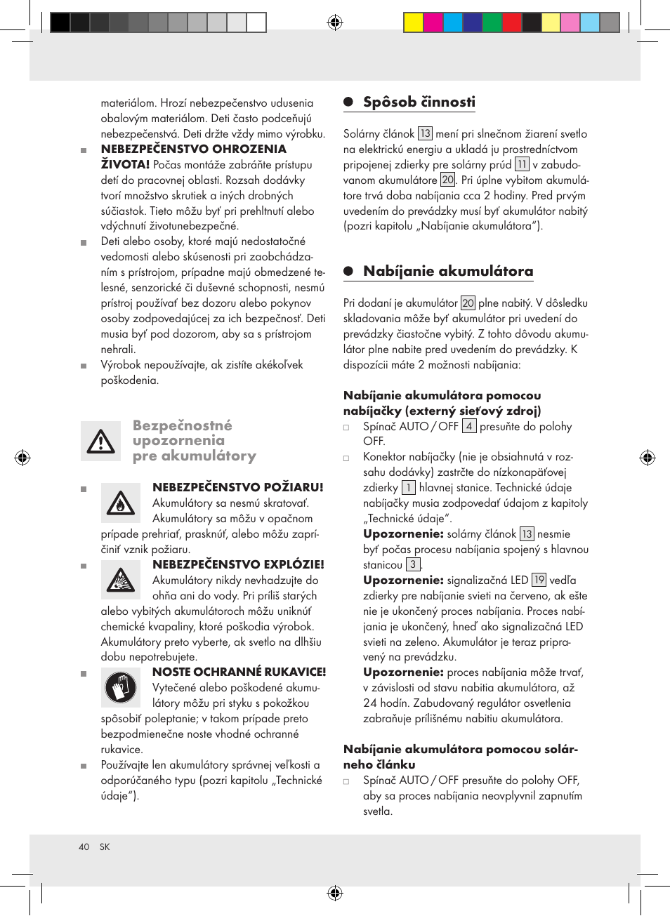 Bezpečnostné upozornenia pre akumulátory, Spôsob činnosti, Nabíjanie akumulátora | Livarno Z31171 User Manual | Page 40 / 54