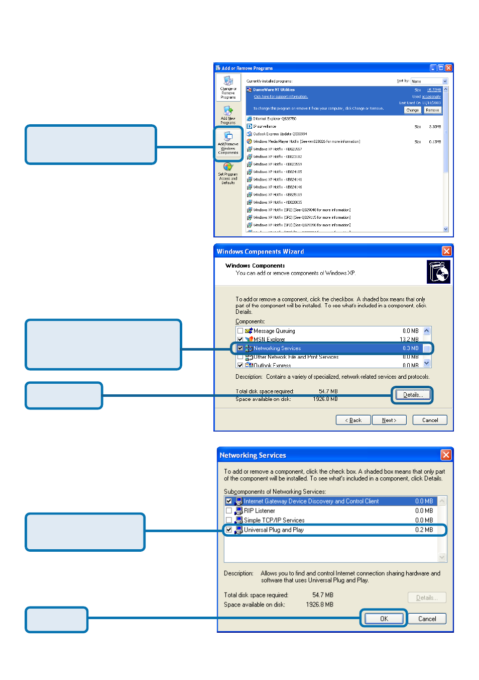 Enabling upnp for windows xp/me (continued) | D-Link SECURICAM NETWORK DCS-5300 User Manual | Page 19 / 143