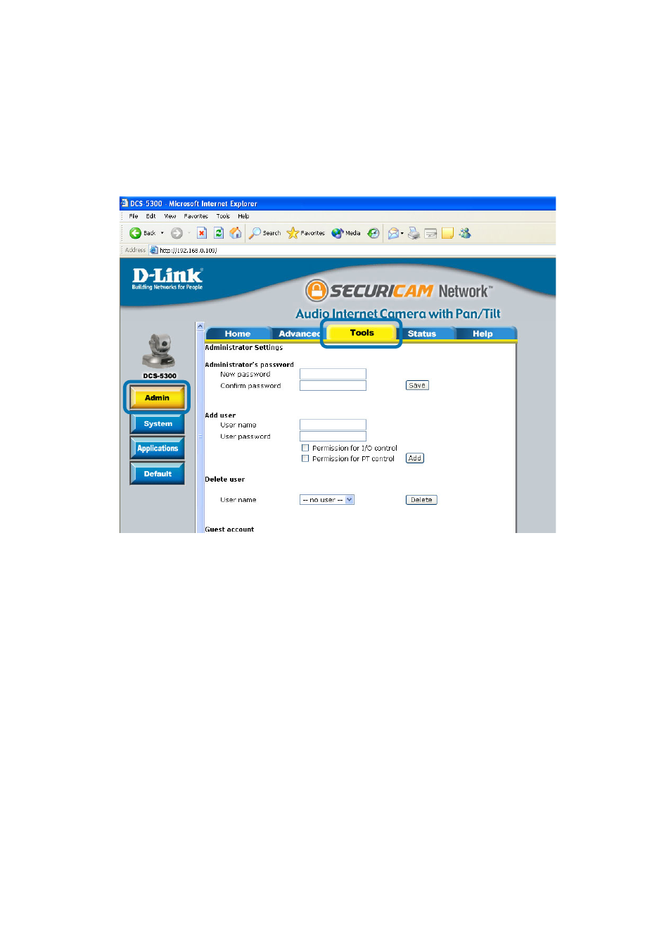 Configuration > tools > admin | D-Link SECURICAM NETWORK DCS-5300 User Manual | Page 53 / 143