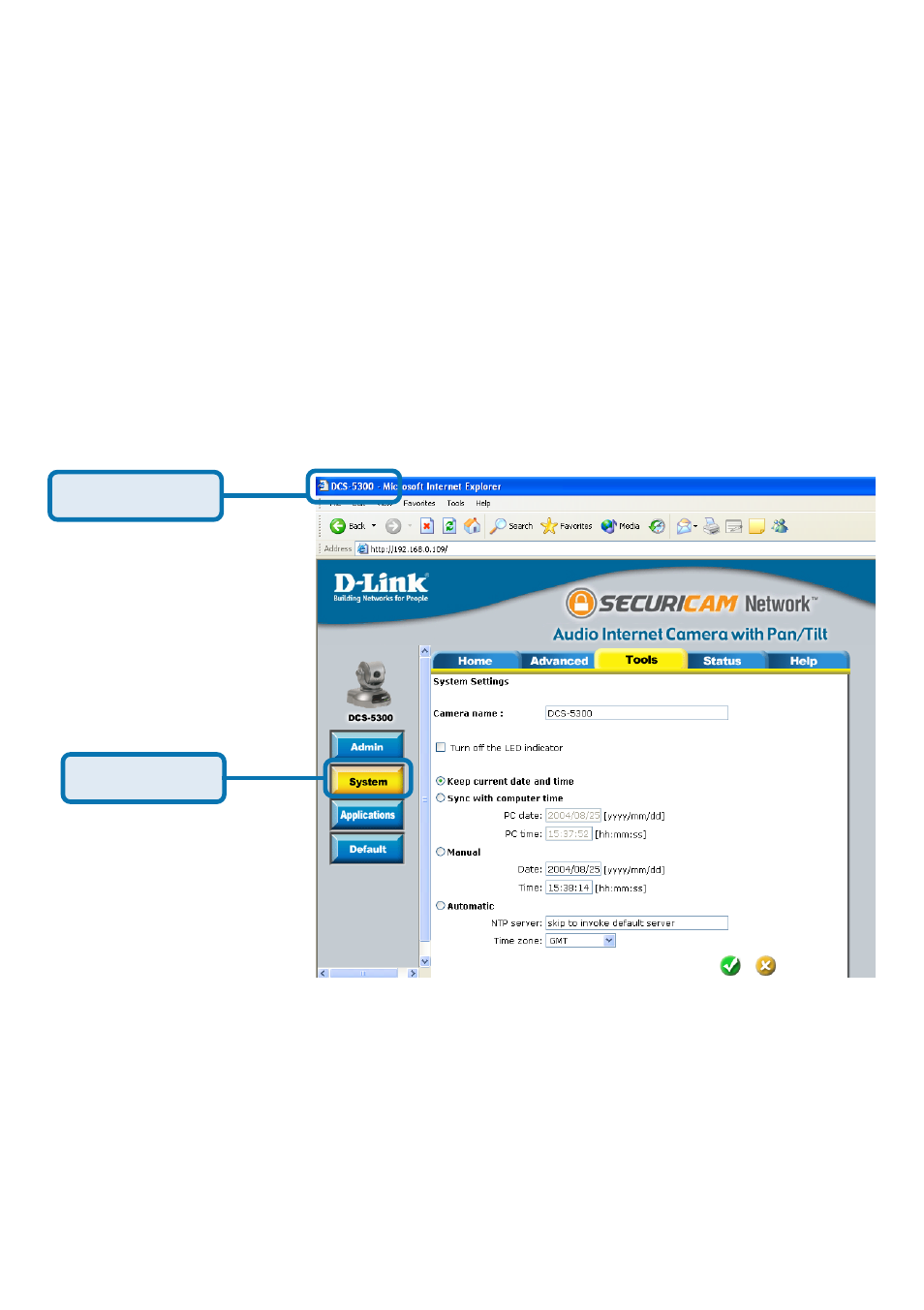Configuration > tools > admin (continued), Configuration > tools > system | D-Link SECURICAM NETWORK DCS-5300 User Manual | Page 54 / 143