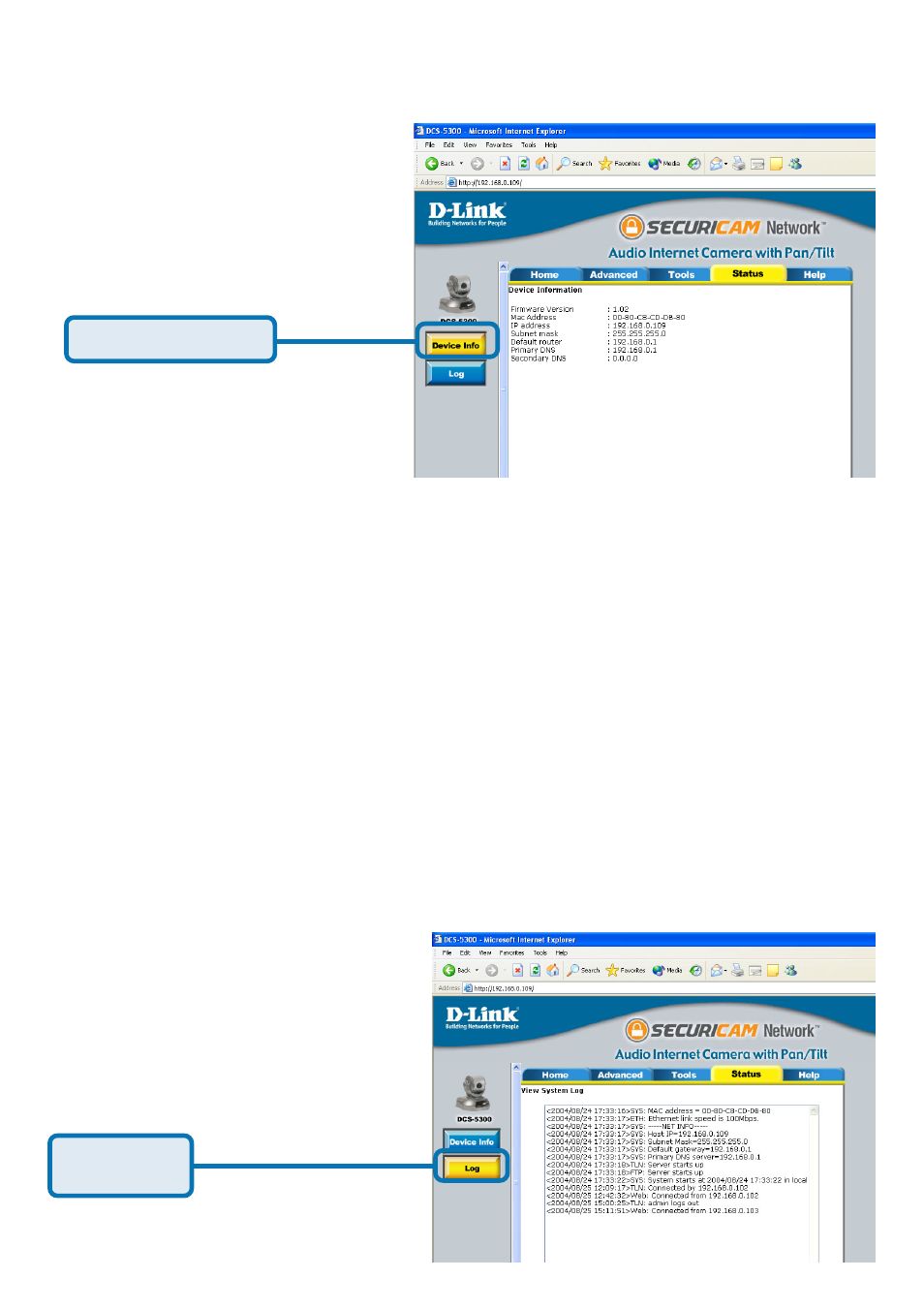 Configuration > status > log | D-Link SECURICAM NETWORK DCS-5300 User Manual | Page 60 / 143