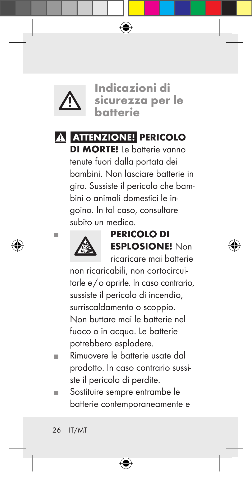 Indicazioni di sicurezza per le batterie | Livarno Z31206A User Manual | Page 26 / 84