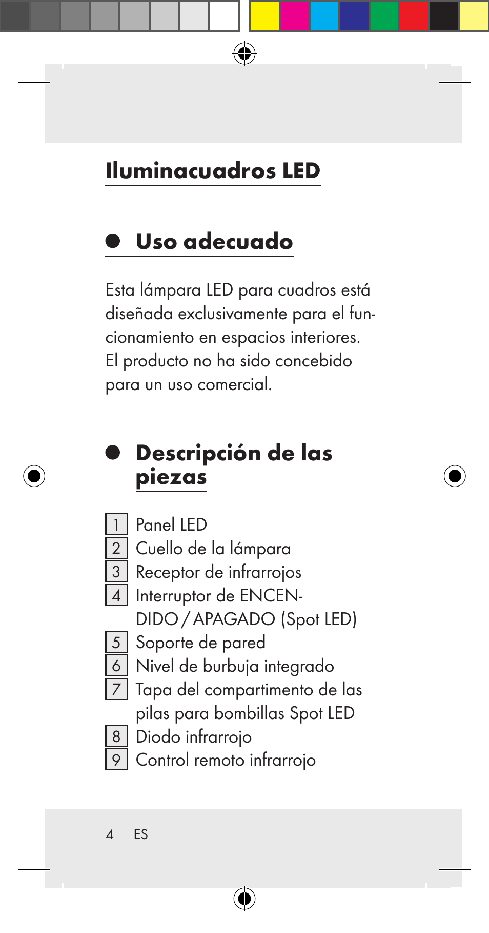 Iluminacuadros led uso adecuado, Descripción de las piezas | Livarno Z31206A User Manual | Page 4 / 84