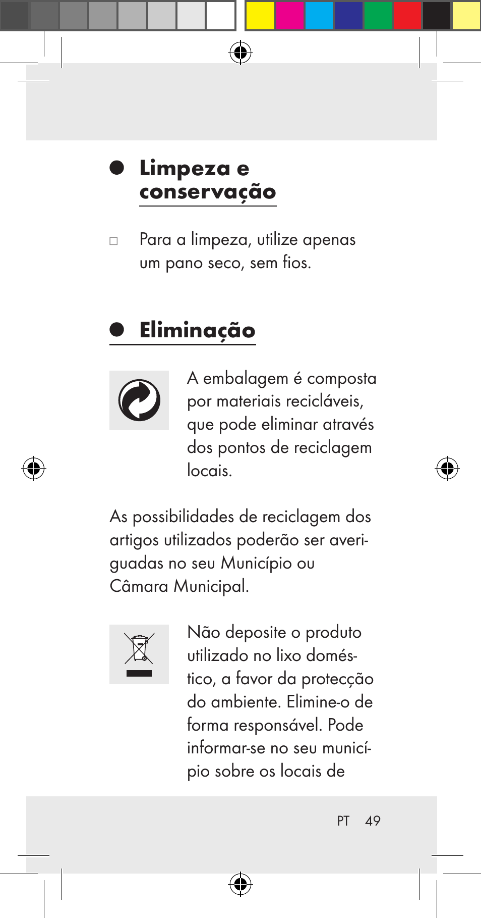 Limpeza e conservação, Eliminação | Livarno Z31206A User Manual | Page 49 / 84