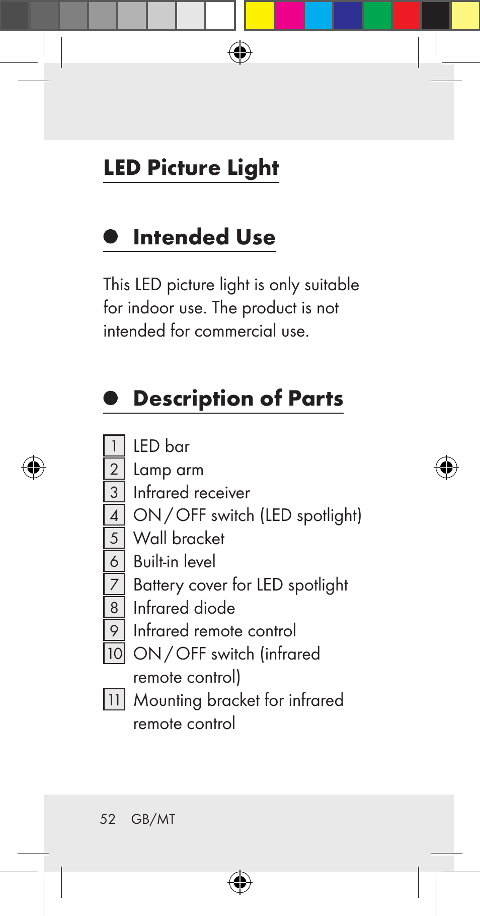 Led picture light intended use, Description of parts | Livarno Z31206A User Manual | Page 52 / 84