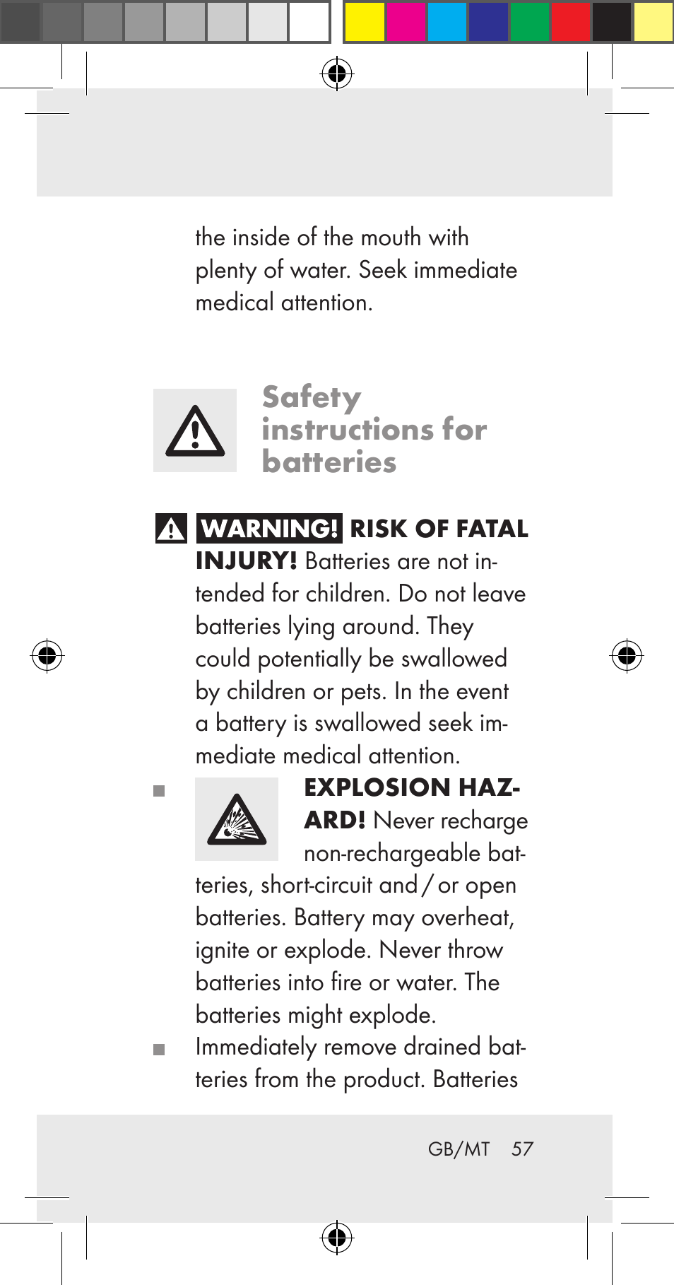 Safety instructions for batteries | Livarno Z31206A User Manual | Page 57 / 84