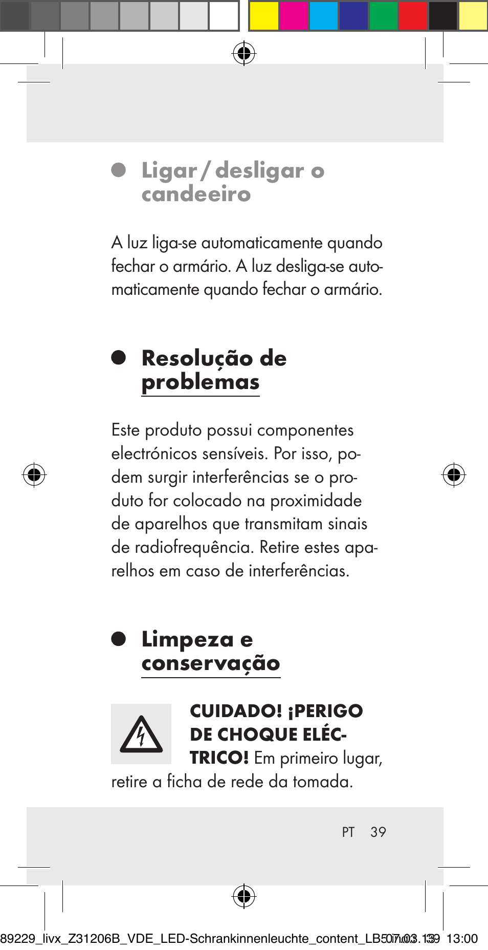 Ligar / desligar o candeeiro, Resolução de problemas, Limpeza e conservação | Livarno Z31206B User Manual | Page 39 / 69