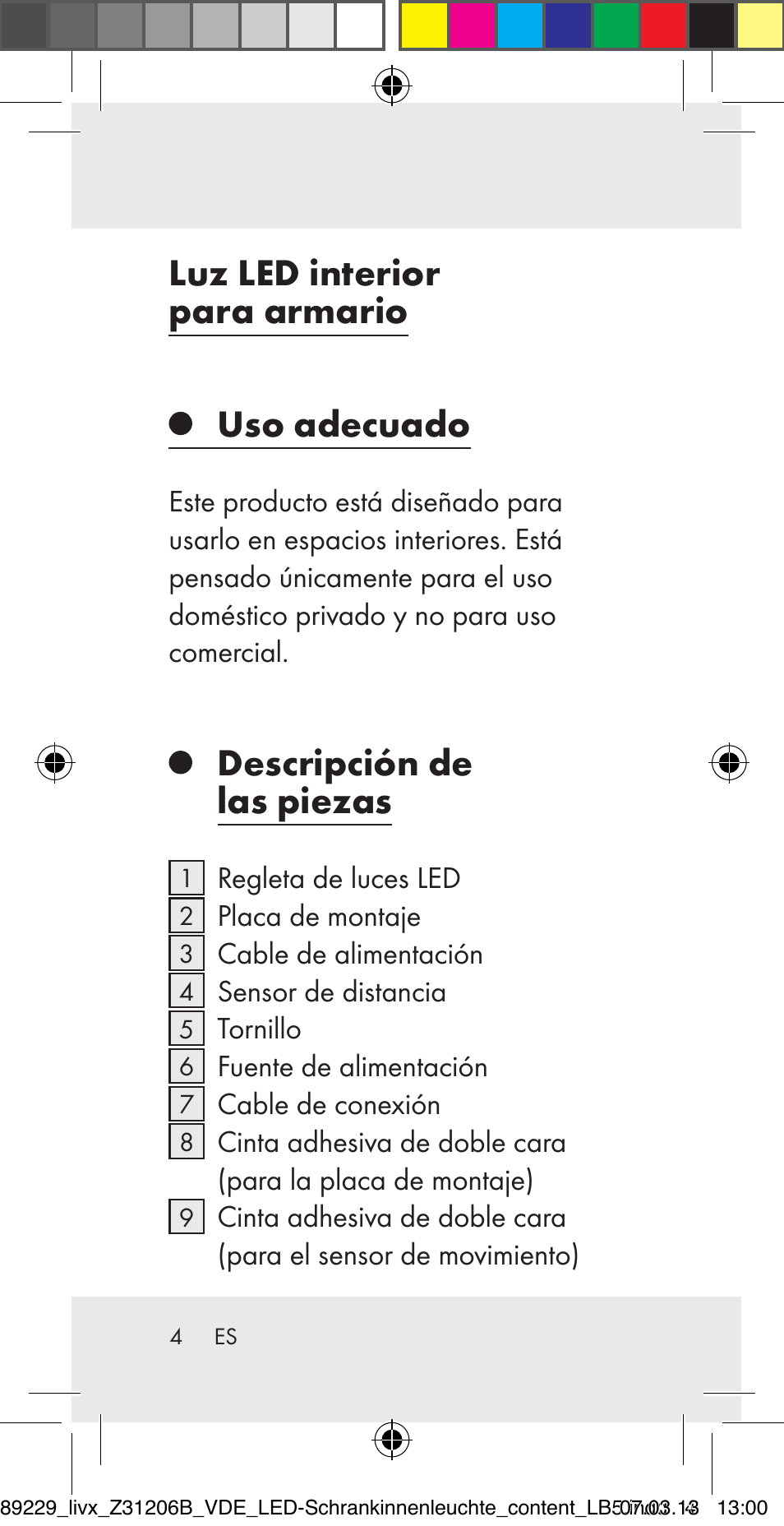 Luz led interior para armario uso adecuado, Descripción de las piezas | Livarno Z31206B User Manual | Page 4 / 69