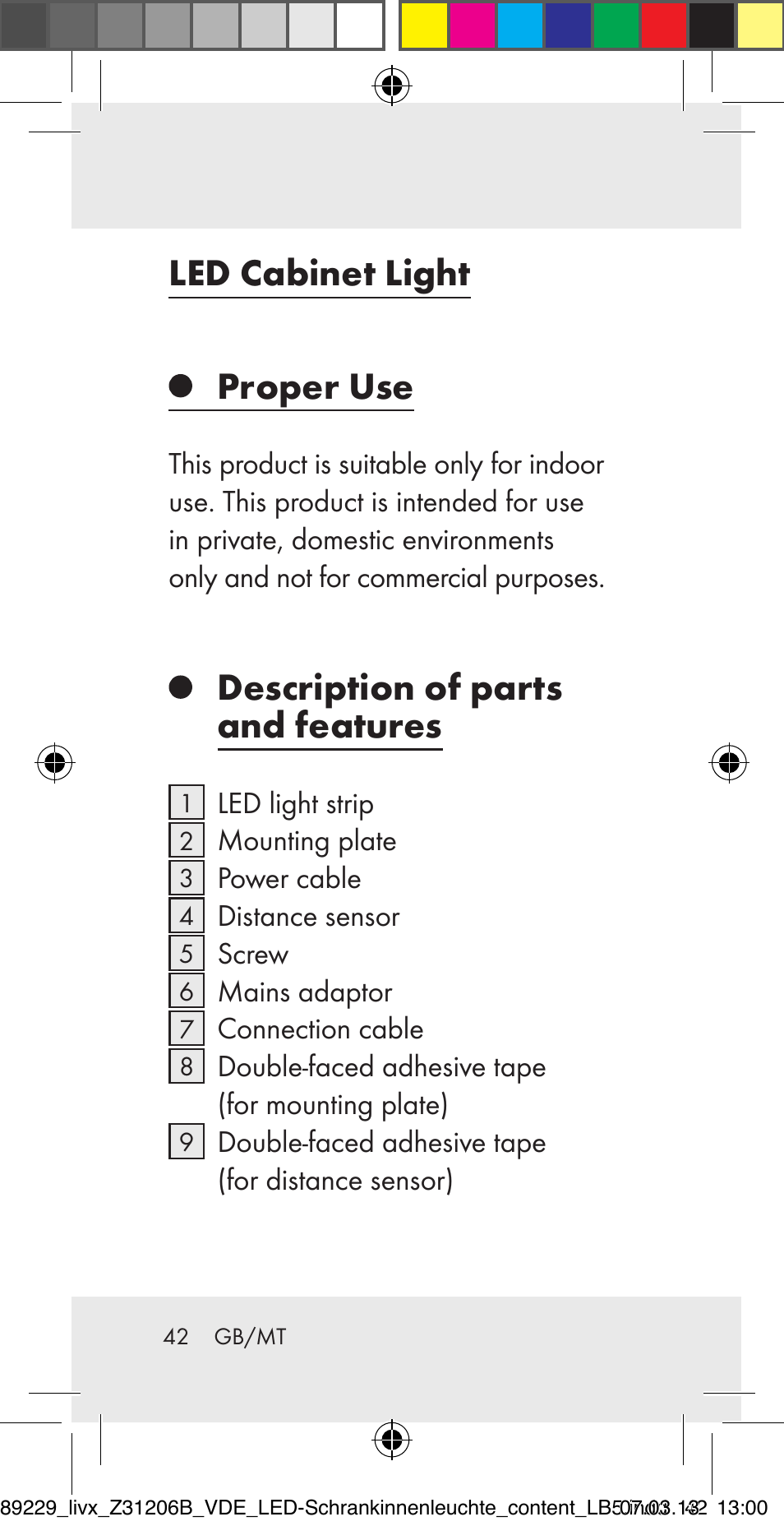 Led cabinet light proper use, Description of parts and features | Livarno Z31206B User Manual | Page 42 / 69