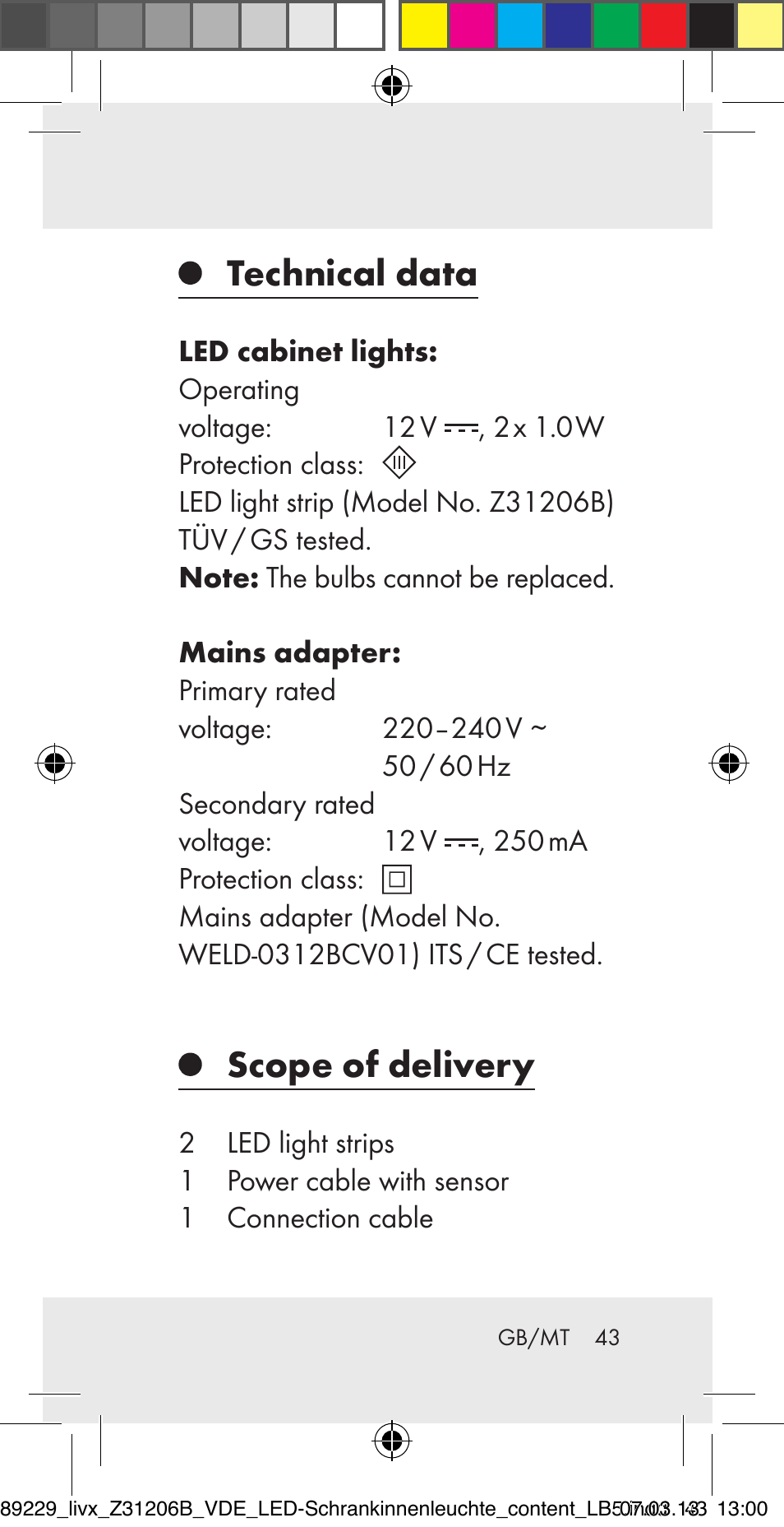 Technical data, Scope of delivery | Livarno Z31206B User Manual | Page 43 / 69