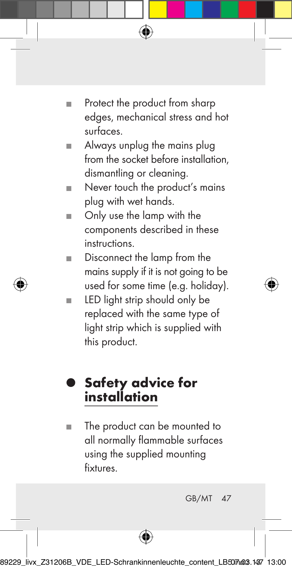 Safety advice for installation | Livarno Z31206B User Manual | Page 47 / 69