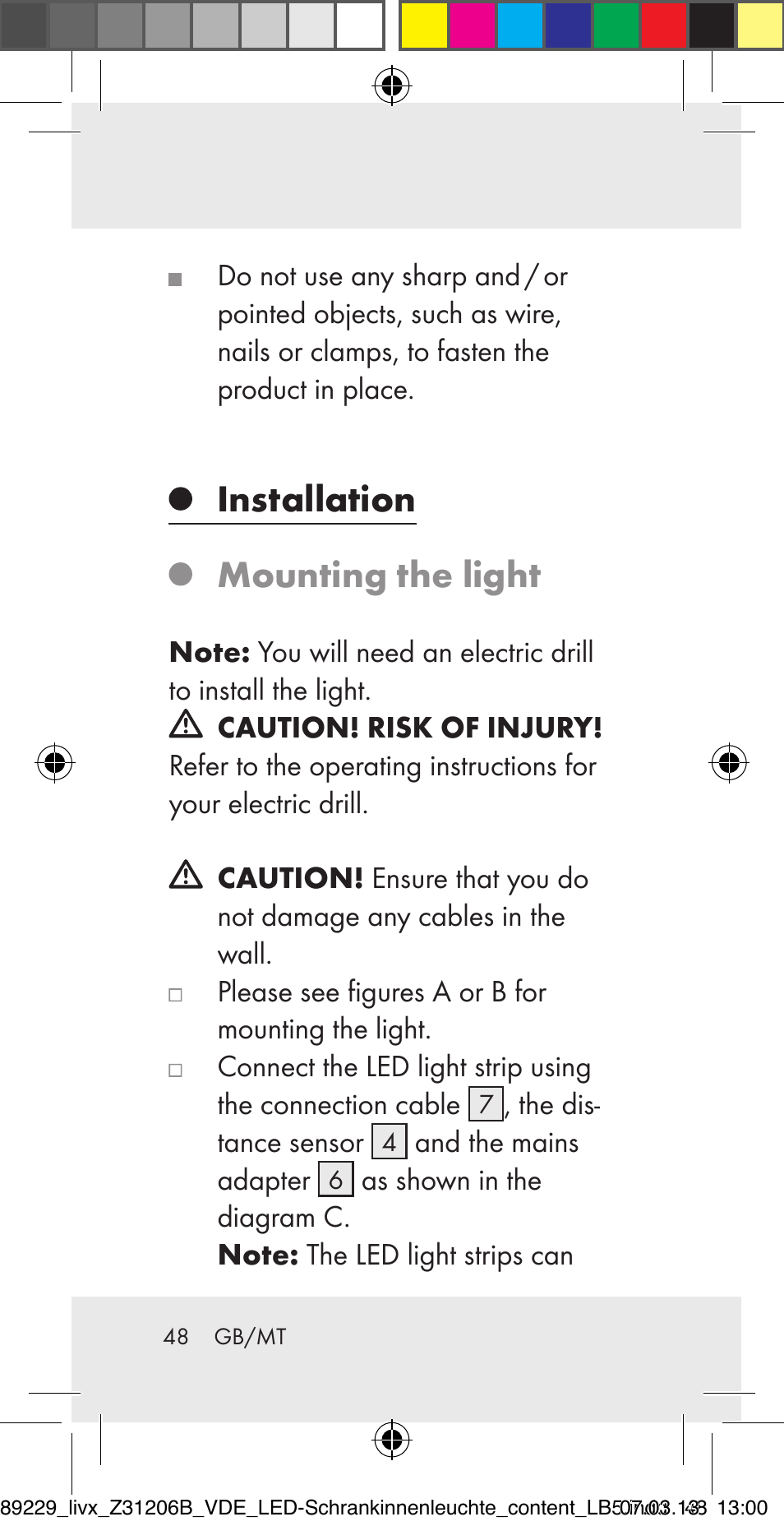 Installation mounting the light | Livarno Z31206B User Manual | Page 48 / 69