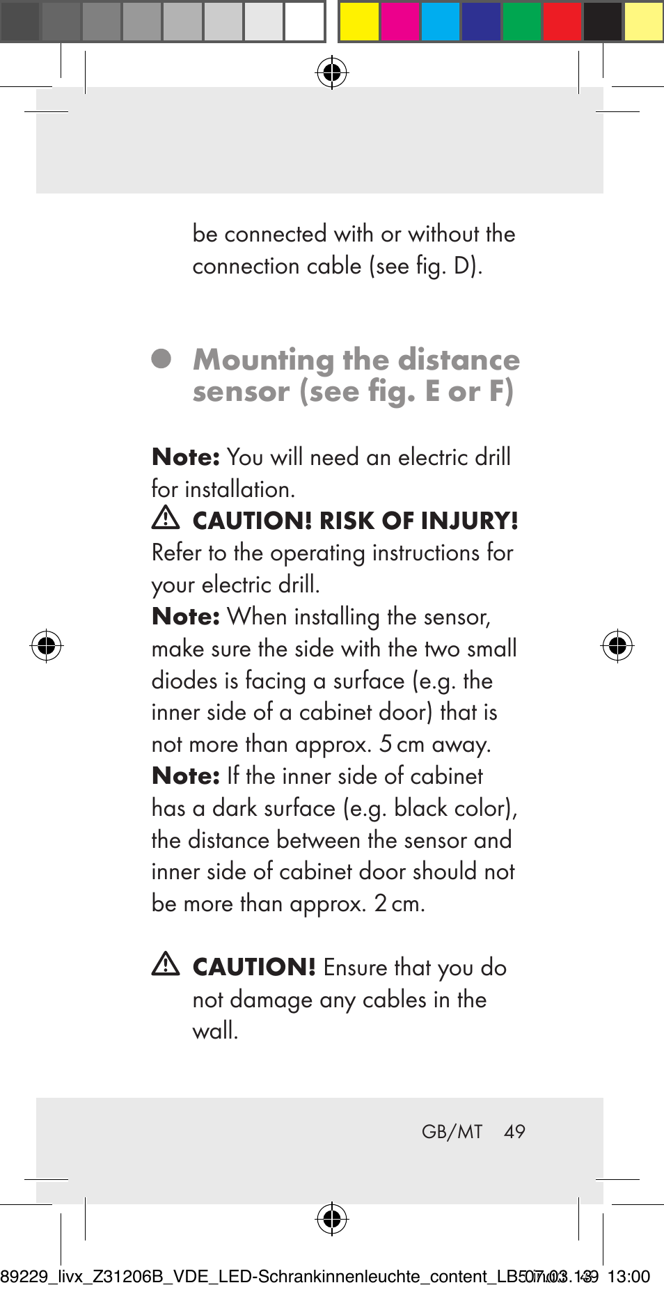 Mounting the distance sensor (see fig. e or f) | Livarno Z31206B User Manual | Page 49 / 69