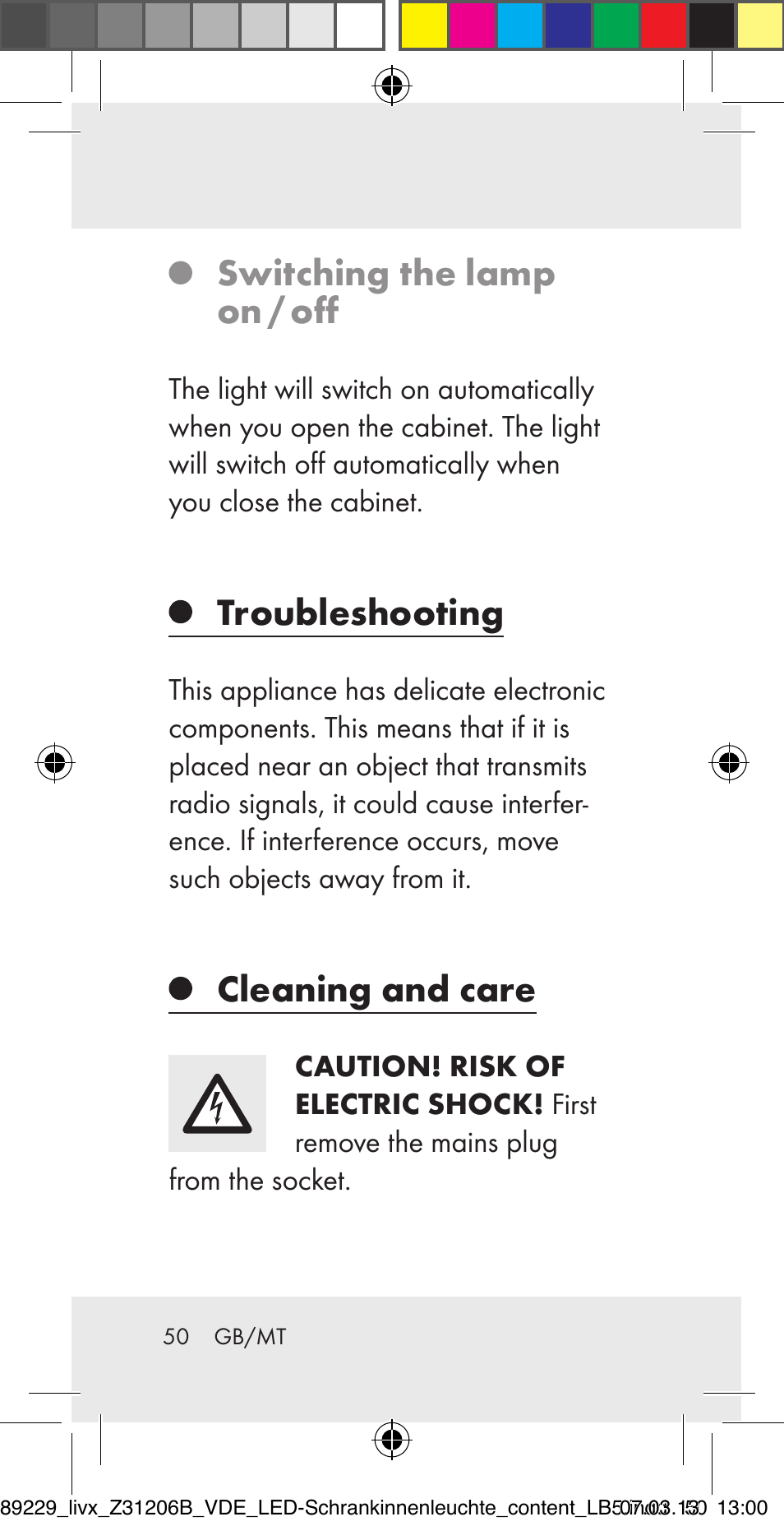 Switching the lamp on / off, Troubleshooting, Cleaning and care | Livarno Z31206B User Manual | Page 50 / 69