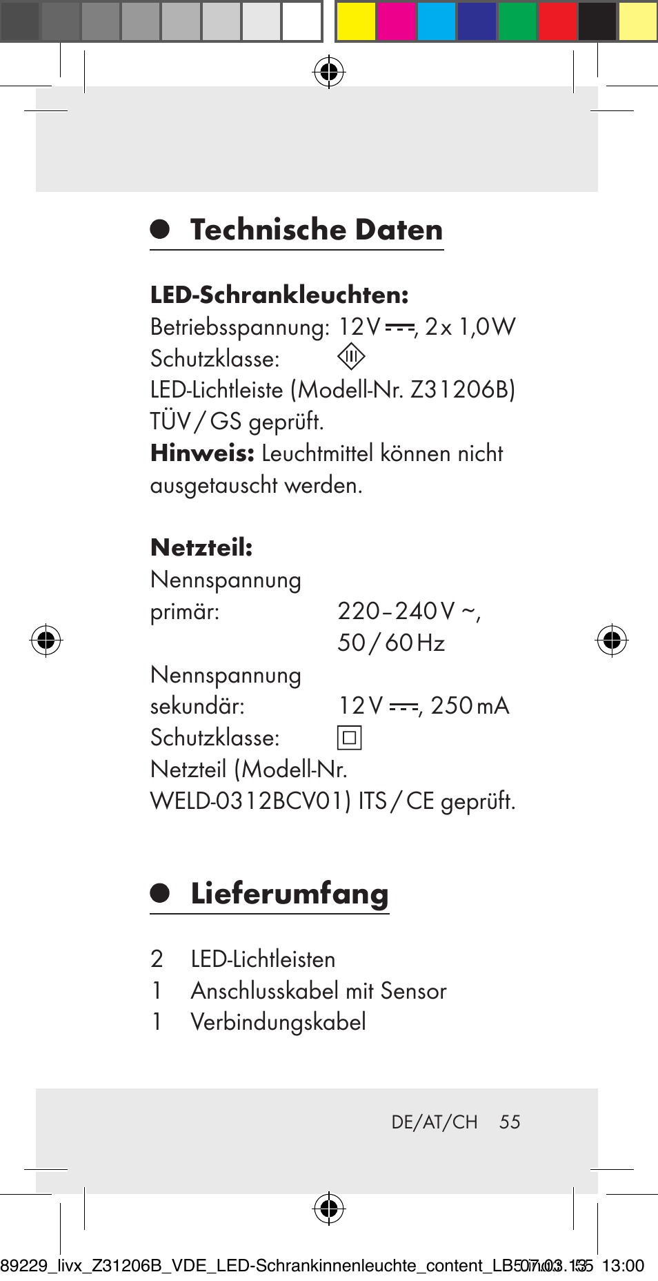 Technische daten, Lieferumfang | Livarno Z31206B User Manual | Page 55 / 69