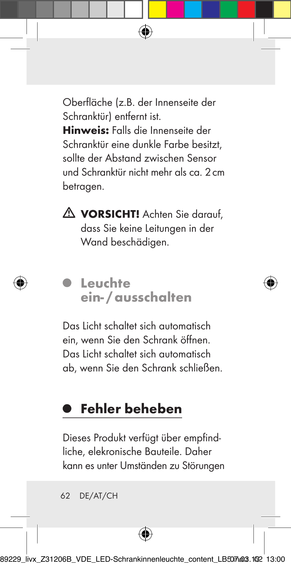 Leuchte ein- / ausschalten, Fehler beheben | Livarno Z31206B User Manual | Page 62 / 69