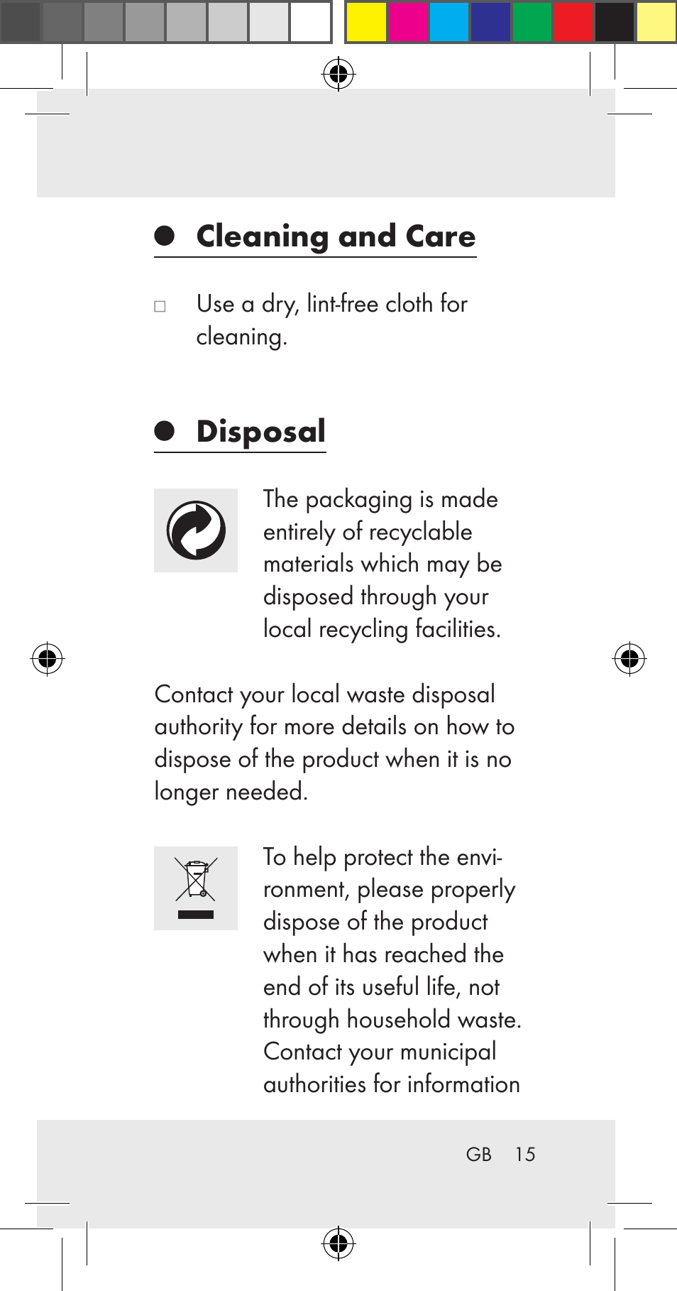Cleaning and care, Disposal | Livarno Z31206A User Manual | Page 15 / 67