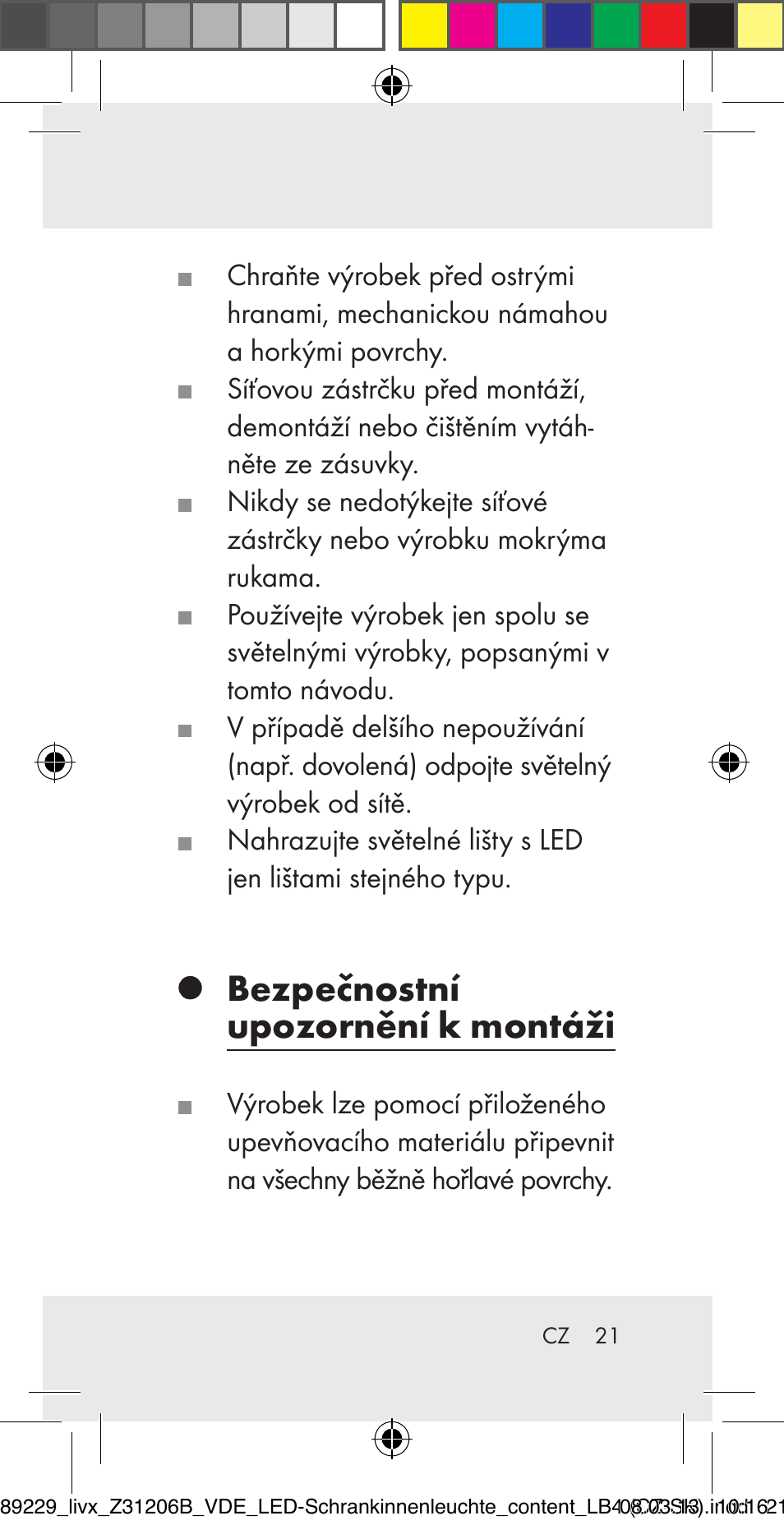 Bezpečnostní upozornění k montáži | Livarno Z31206B User Manual | Page 21 / 55
