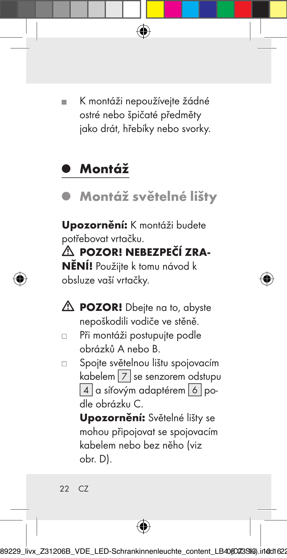 Montáž, Montáž světelné lišty | Livarno Z31206B User Manual | Page 22 / 55