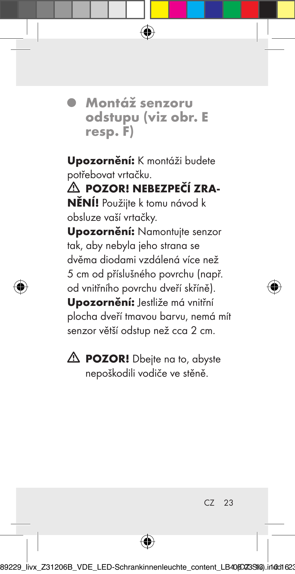 Montáž senzoru odstupu (viz obr. e resp. f) | Livarno Z31206B User Manual | Page 23 / 55