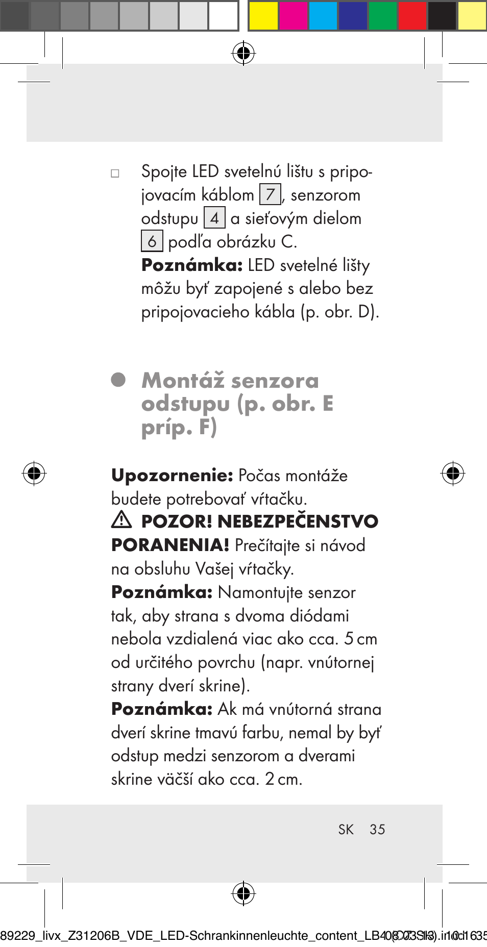 Montáž senzora odstupu (p. obr. e príp. f) | Livarno Z31206B User Manual | Page 35 / 55