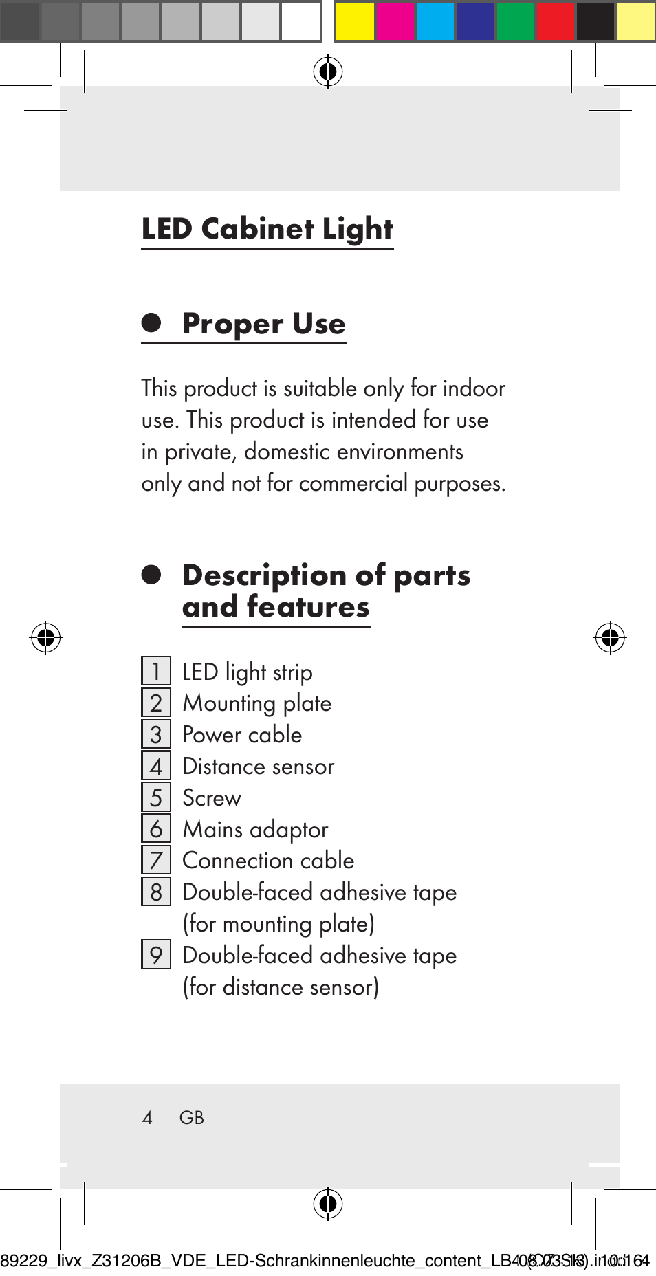 Led cabinet light proper use, Description of parts and features | Livarno Z31206B User Manual | Page 4 / 55