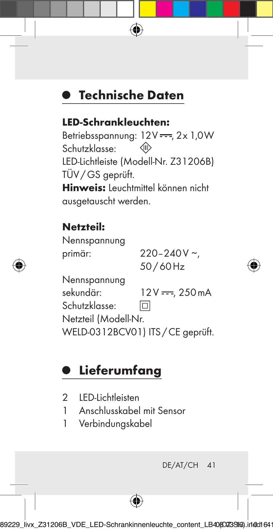Technische daten, Lieferumfang | Livarno Z31206B User Manual | Page 41 / 55