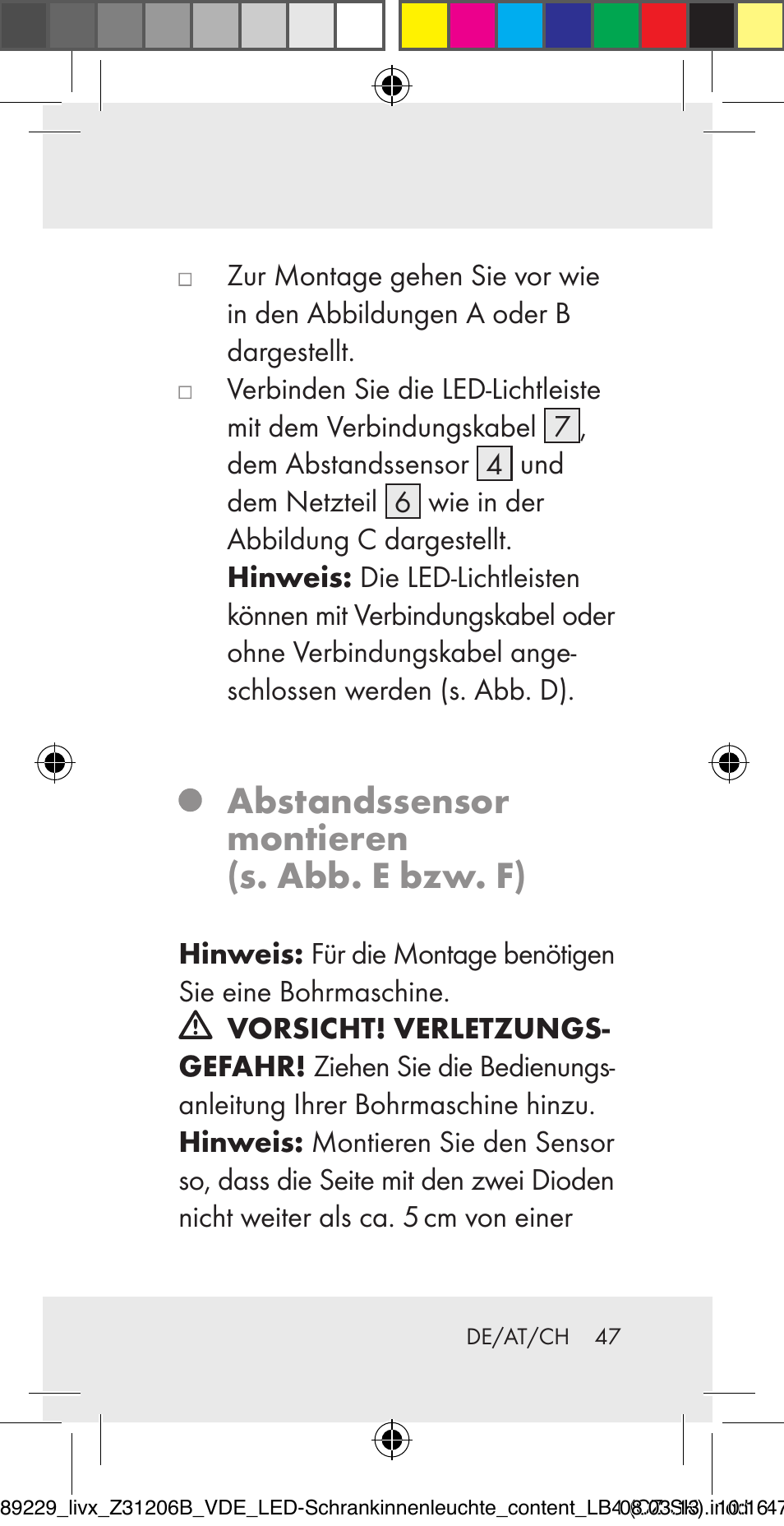 Abstandssensor montieren (s. abb. e bzw. f) | Livarno Z31206B User Manual | Page 47 / 55