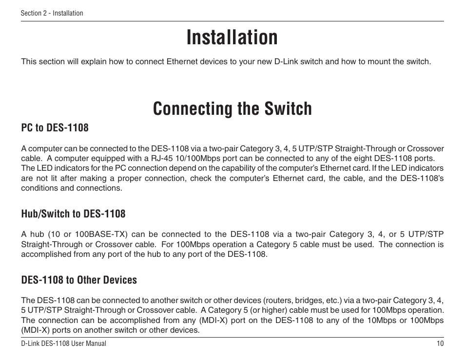 Installation, Connecting the switch | D-Link DES-1108 User Manual | Page 10 / 24