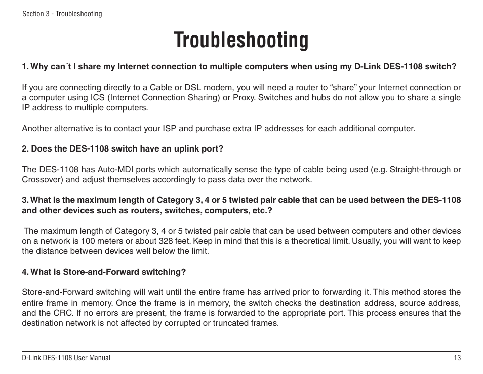 Troubleshooting | D-Link DES-1108 User Manual | Page 13 / 24