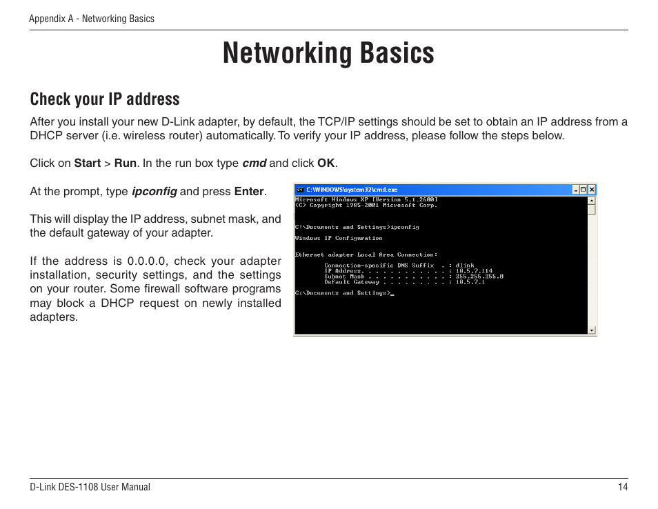 Networking basics, Check your ip address | D-Link DES-1108 User Manual | Page 14 / 24