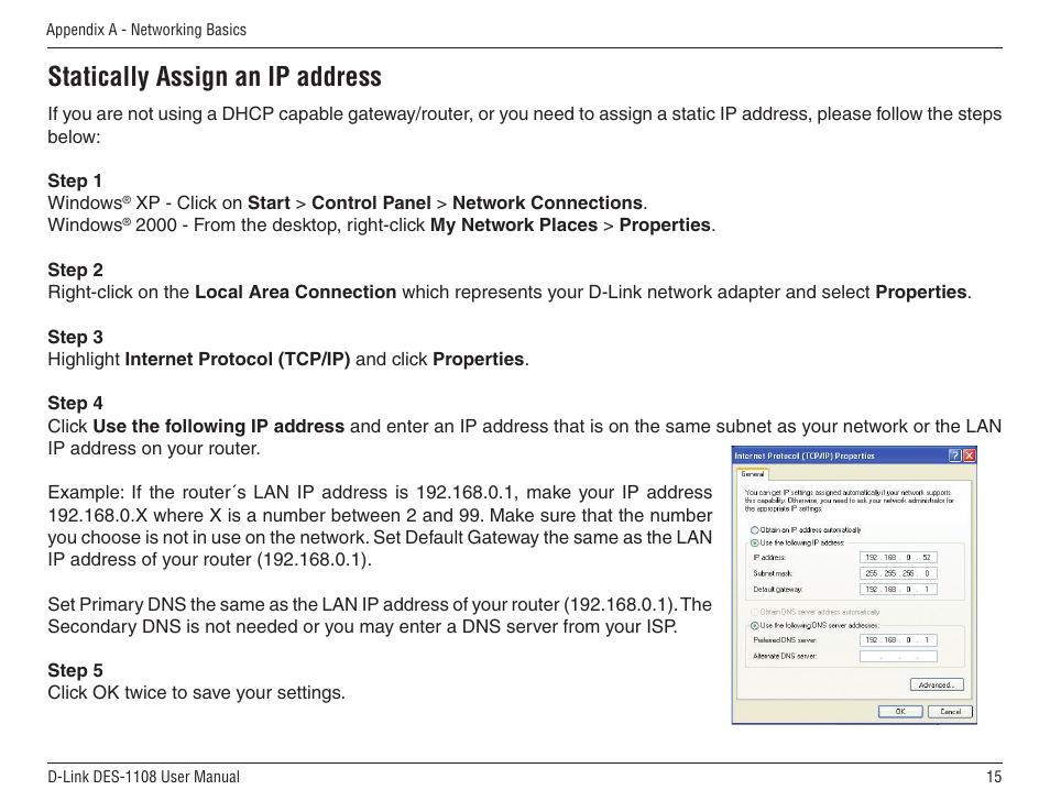 Statically assign an ip address | D-Link DES-1108 User Manual | Page 15 / 24