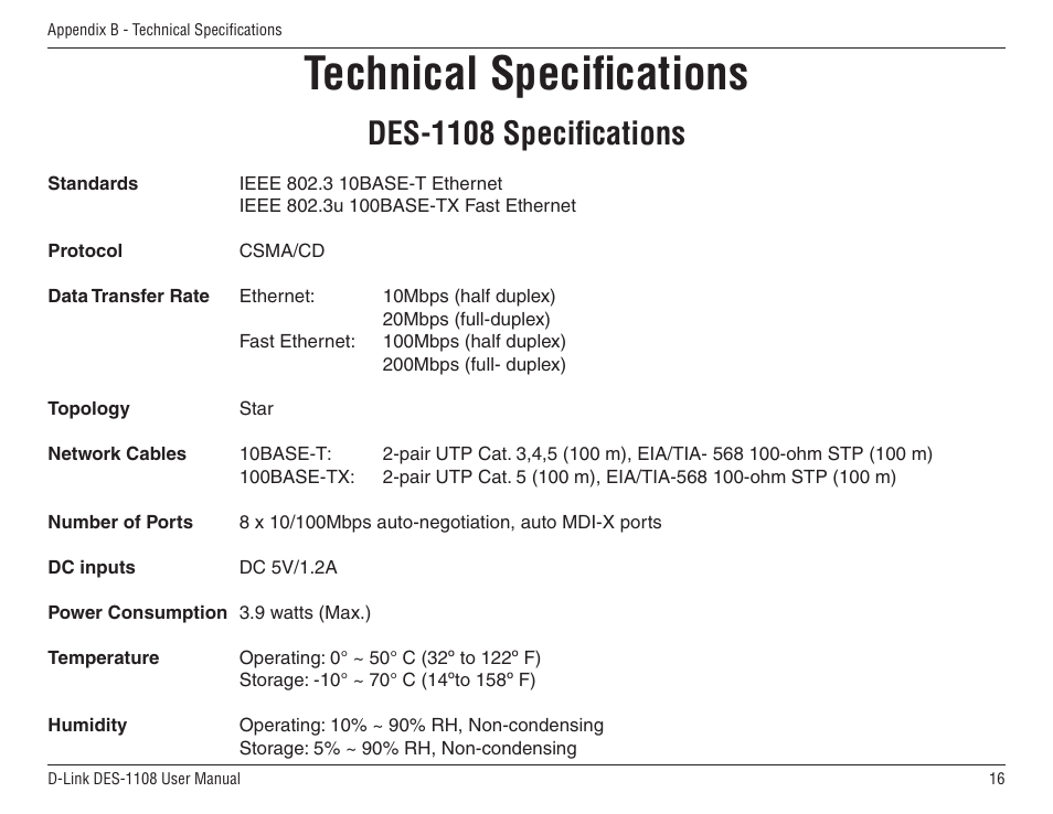 Technical speciﬁcations, Des-1108 speciﬁcations | D-Link DES-1108 User Manual | Page 16 / 24