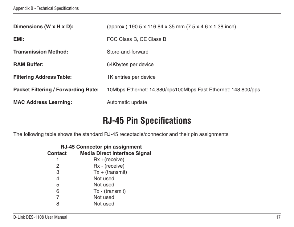 Rj-45 pin speciﬁcations | D-Link DES-1108 User Manual | Page 17 / 24