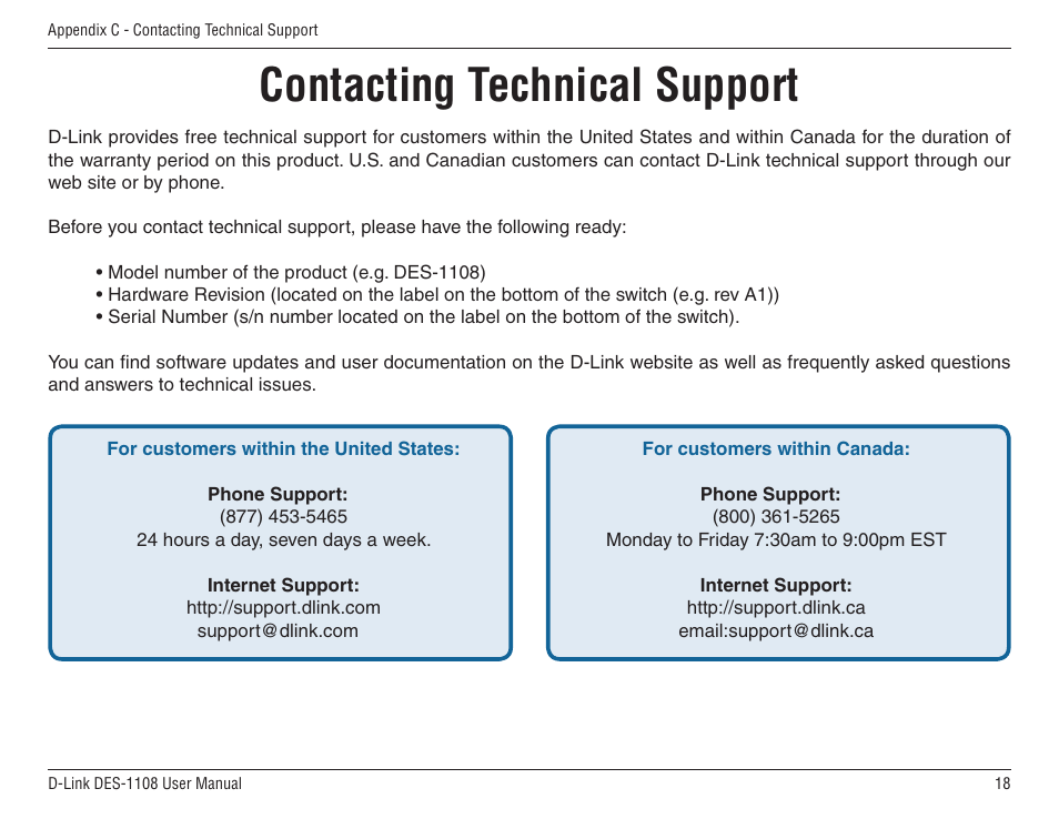 Contacting technical support | D-Link DES-1108 User Manual | Page 18 / 24