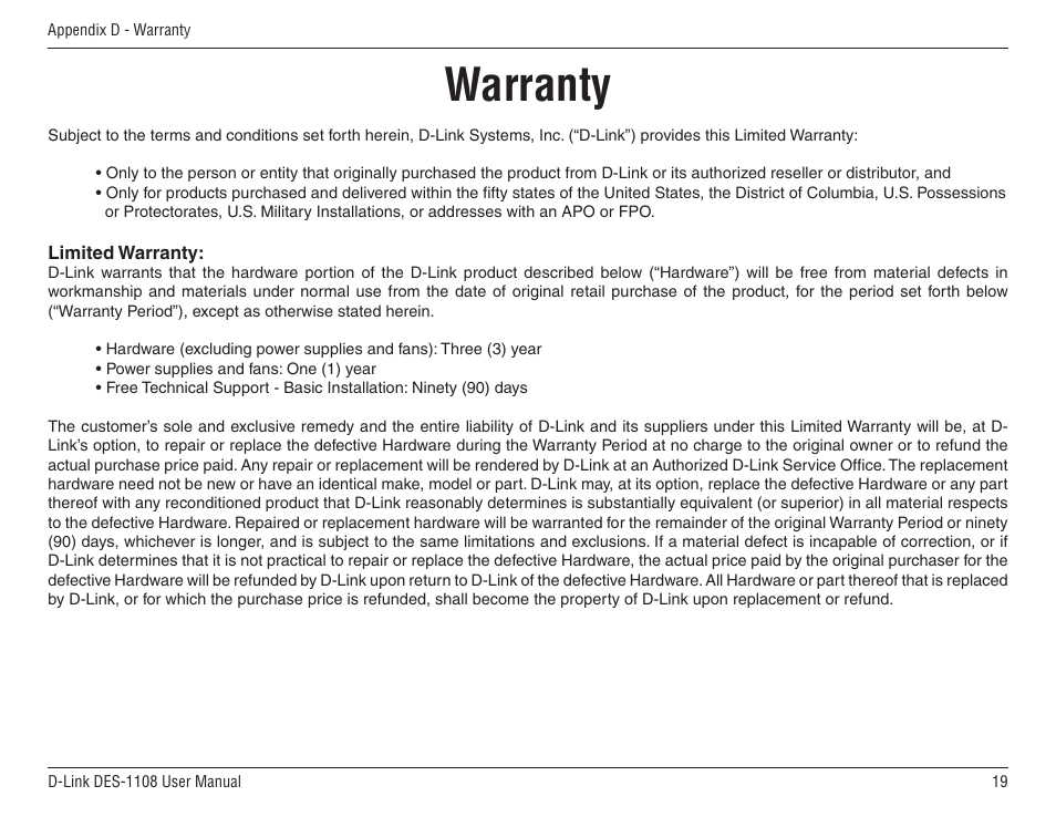 Warranty | D-Link DES-1108 User Manual | Page 19 / 24