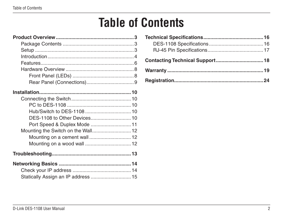 D-Link DES-1108 User Manual | Page 2 / 24