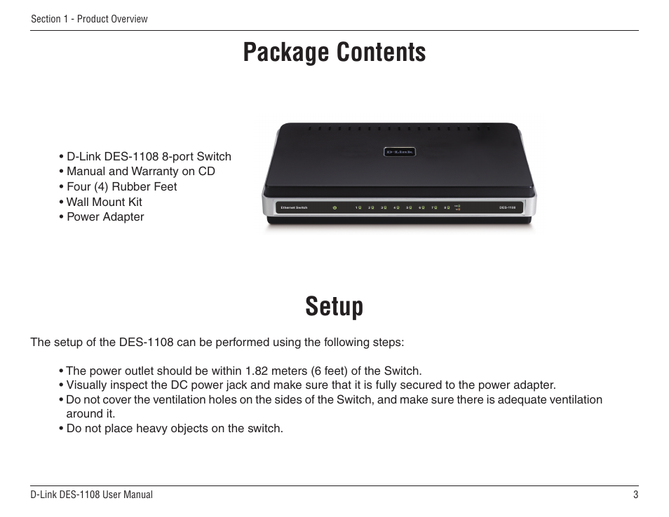 Product overview, Package contents setup, Setup | Package contents | D-Link DES-1108 User Manual | Page 3 / 24